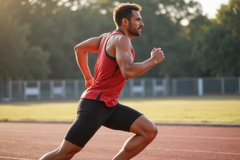 Hombre atlético corriendo en una pista, con enfoque y determinación en su rostro, representando resistencia y rendimiento.