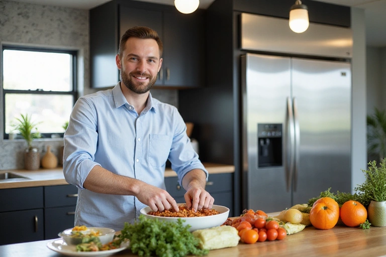 Hombre preparando una comida saludable con vegetales frescos y proteínas magras en una cocina moderna.