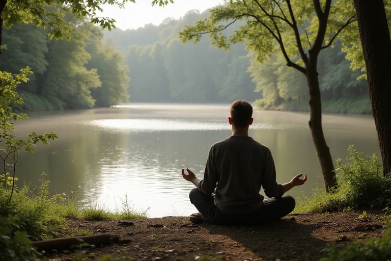 Hombre meditando en un entorno tranquilo y natural, simbolizando el manejo del estrés y la salud mental.