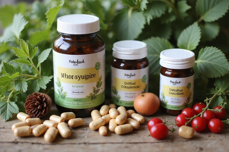 Variedad de suplementos naturales en frascos, con ingredientes botánicos frescos alrededor, simbolizando los beneficios de la naturaleza.