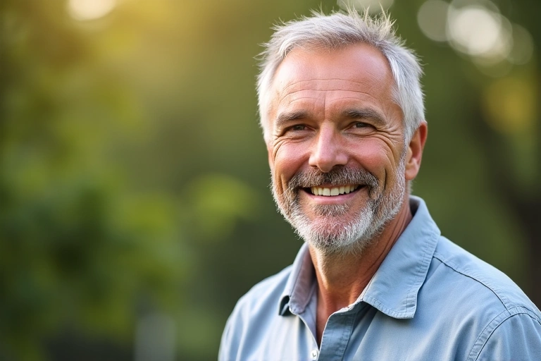 Hombre de mediana edad sonriendo con vitalidad en un entorno natural, representando salud y bienestar masculino.