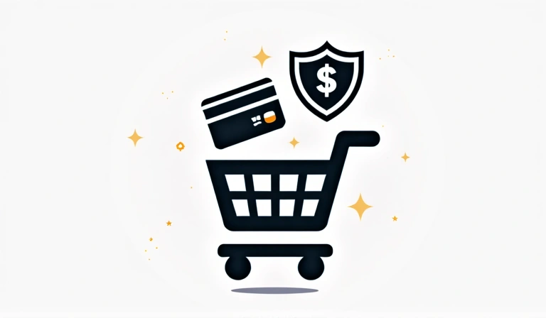 Ilustración de un carrito de compras digital con elementos de pago seguro.