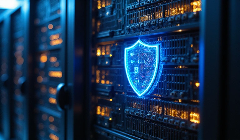 Representación de un servidor seguro con un firewall y datos protegidos.