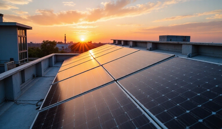 Paneles solares instalados en un tejado al atardecer, mostrando energía limpia.