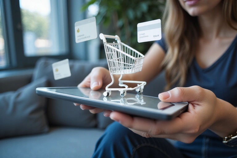 Persona usando una tablet para comprar online, con iconos de carrito de compra y tarjeta de crédito.