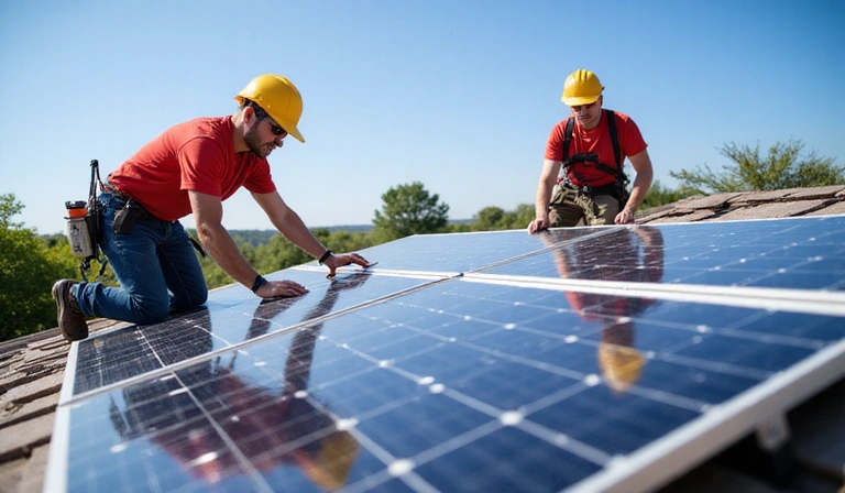Técnicos instalando paneles solares en un tejado, con herramientas y equipo de seguridad.