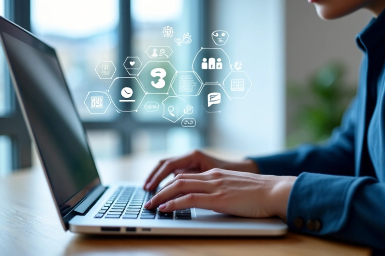 Persona usando un portátil con iconos flotantes que representan comunicación, análisis y servicio al cliente.