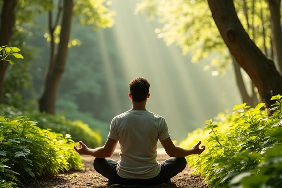Hombre meditando en la naturaleza, simbolizando bienestar holístico